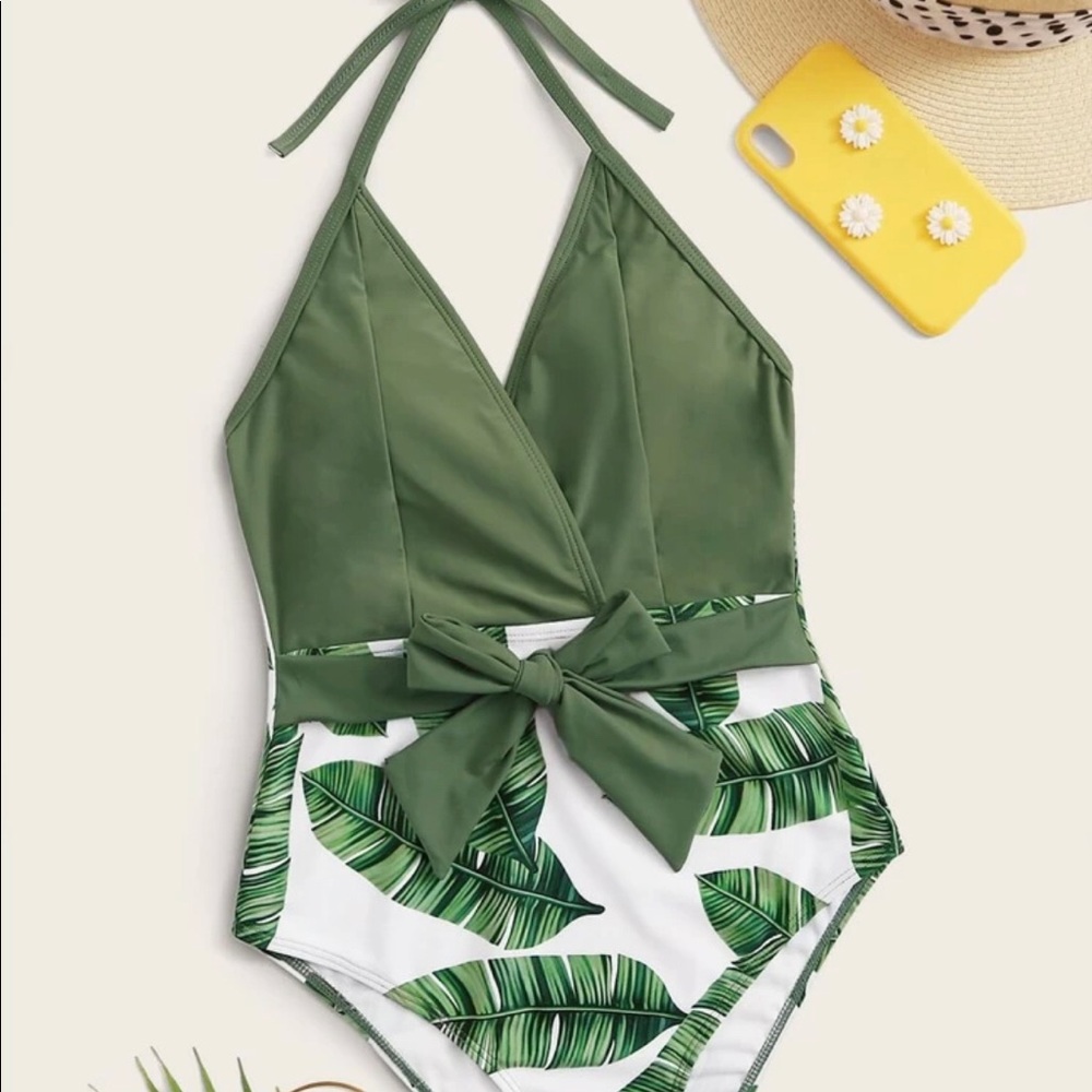 Palm print knot front halter one piece swimsuit